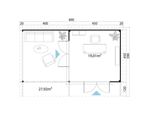 Grundriss eines Gartenhauses mit Wohn- und Arbeitsbereich sowie Größenangaben.