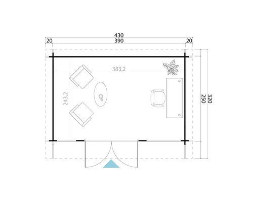 Grundriss eines Gartenhauses mit Büromöbeln und Bemaßungen.