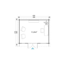 Grundrisszeichnung eines Gartenhauses mit Möbeln und den Maßen 430 mal 370 Zentimeter.