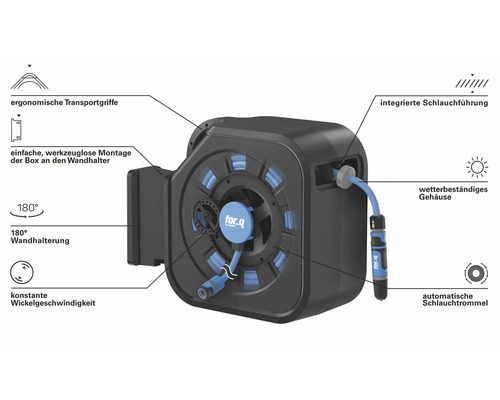 Automatische Schlauchtrommel mit wetterbeständigem Gehäuse und ergonomischen Transportgriffen