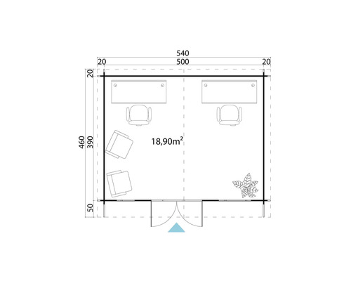 Grundrisszeichnung eines Gartenhauses mit Büroausstattung und einer Fläche von 18,90 Quadratmetern.
