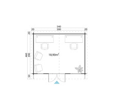 Grundriss eines Gartenhauses mit einer Fläche von 18,90 Quadratmetern, inklusive Büroausstattung