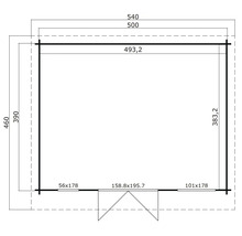 Technische Zeichnung eines Gartenhauses mit Maßangaben zu Fenster und Tür