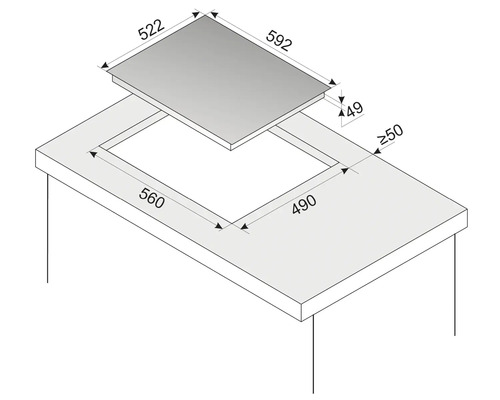 Skizze eines Kochfelds mit Maßangaben für den Einbau in eine Arbeitsplatte
