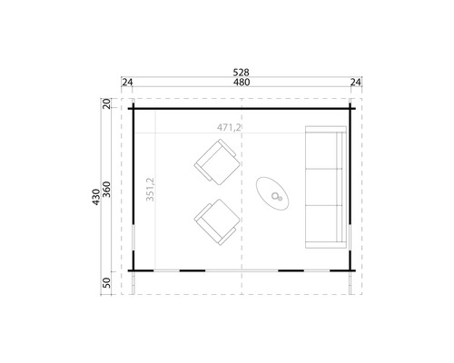 Grundrisszeichnung eines Gartenhauses mit Maßen und Inneneinrichtung