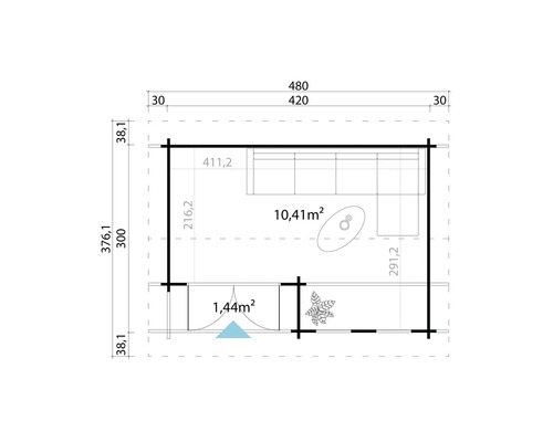 Grundrisszeichnung eines Gartenhauses mit Größenangaben