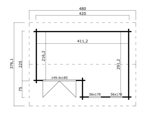 Grundriss eines Gartenhauses mit Maßangaben