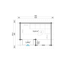 Grundrisszeichnung eines Gartenhauses mit Maßangaben
