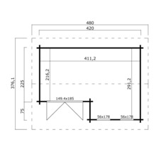 Grundrisszeichnung eines Gartenhauses mit Maßangaben