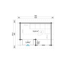 Grundrisszeichnung eines Gartenhauses mit Maßangaben