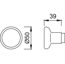 Technische Zeichnung eines Möbelknopfes mit den Maßen 50 Millimeter Durchmesser und 39 Millimeter Tiefe.
