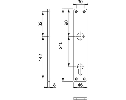 Technische Zeichnung eines Türbeschlags mit Maßangaben.