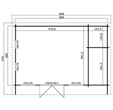 Grundrisszeichnung eines Gartenhauses mit Maßangaben