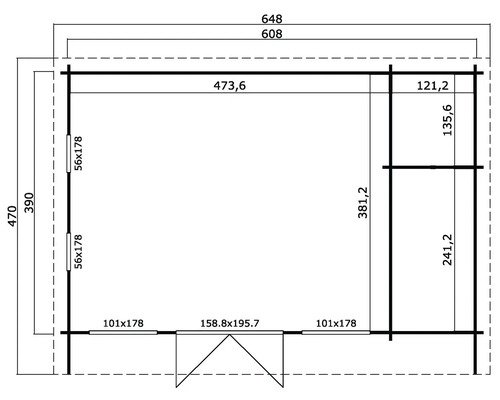 Grundrisszeichnung eines Gartenhauses mit Maßangaben