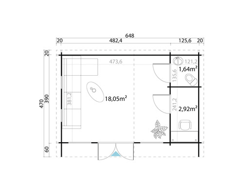 Grundriss eines Gartenhauses mit Möbeln und Bemaßungen.