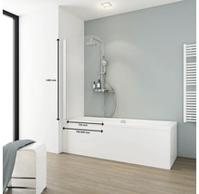 Modernes Badezimmer mit Badewanne, Duschabtrennung und Armaturen mit Maßangaben.