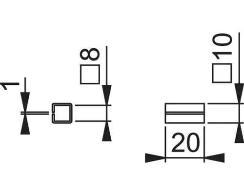 Technische Zeichnung mit Maßangaben: 1, 8, 10 und 20 Millimeter