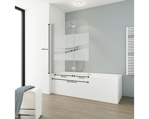 Badewanne mit Duschwand aus Glas und Maßangaben für Höhe und Breite.