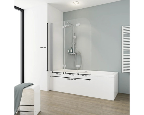 Badewannenaufsatz mit Maßangaben in einem Badezimmer