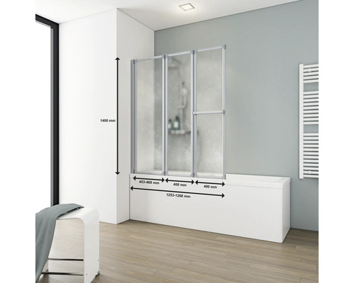 Badewannenaufsatz mit drei Elementen und Maßangaben im Badezimmer