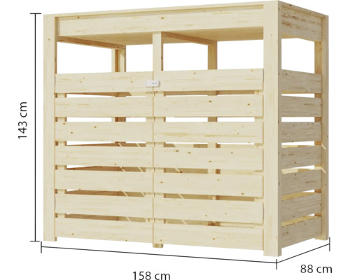 Doppel Mülltonnenbox aus Holz mit den Maßen 143 cm Höhe, 158 cm Breite und 88 cm Tiefe