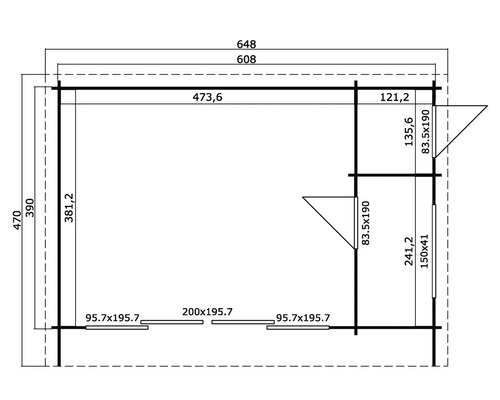 Grundrisszeichnung eines Gartenhauses mit Maßangaben