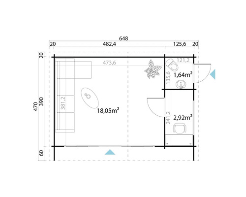 Grundriss eines Gartenhauses mit Möbeln und Bemaßung