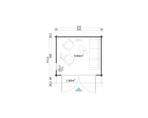 Grundrisszeichnung eines Gartenhauses mit Möbeln und Abmessungen