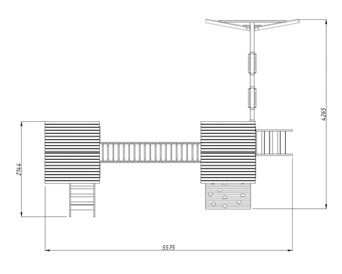 Draufsicht einer Spielanlage mit zwei Spieltürmen, einer Hängebrücke, einer Kletterwand und einer Rutsche mit den Maßen 2144, 4265 und 5575.