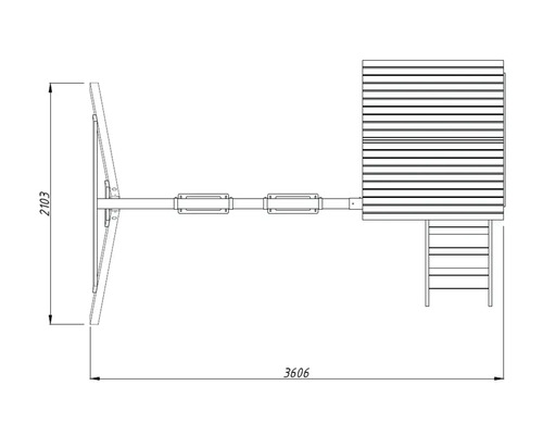 Draufsicht auf ein Spielhaus mit Rutsche und Leiter, mit Maßangaben zu Höhe und Breite