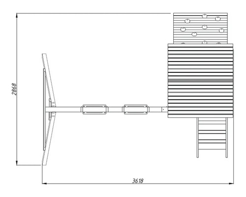 Draufsicht eines Spielturms mit Rutsche, Kletterwand und Leiter mit Maßangaben