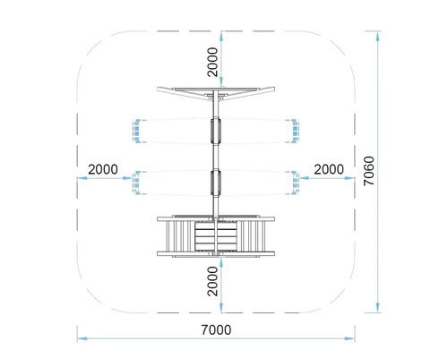Abmessungen eines Spielturms mit Schaukel und Rutsche: 7000 x 7060 x 2000 Millimeter