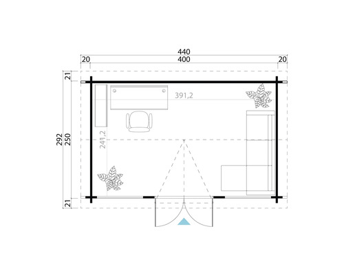 Grundrisszeichnung eines Gartenhauses mit Bemaßung
