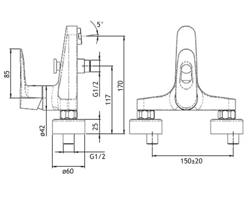 Technische Zeichnung einer Armatur mit Maßangaben