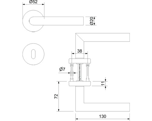 Technische Zeichnung eines Türdrückers mit Maßangaben