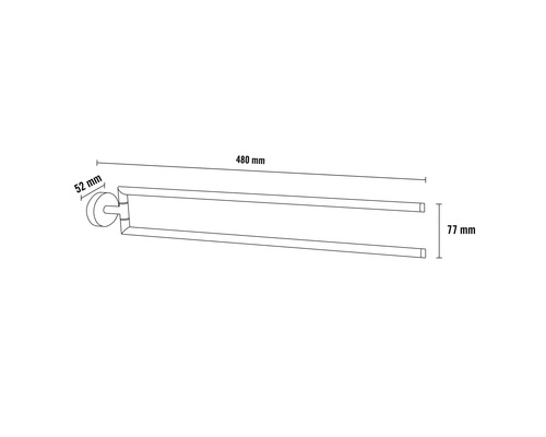 Doppelhandtuchhalter mit den Maßen 480 mm Länge, 52 mm Tiefe und 77 mm Höhe.