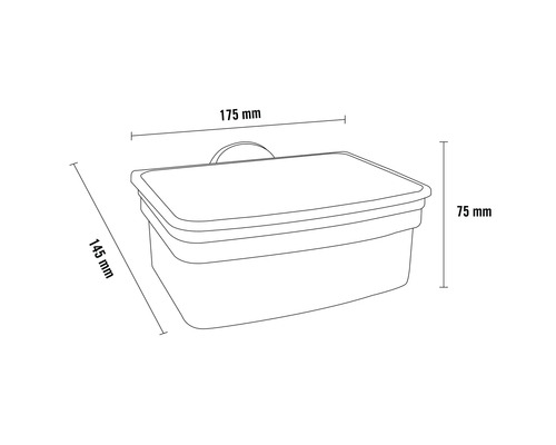 Technische Zeichnung einer Aufbewahrungsbox mit den Maßen 175 mm Breite, 145 mm Länge und 75 mm Höhe.