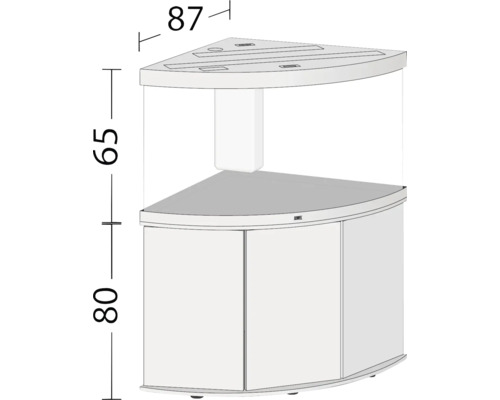 Abbildung eines Eckaquariums mit den Maßen 87 Zentimeter, 65 Zentimeter und 80 Zentimeter.