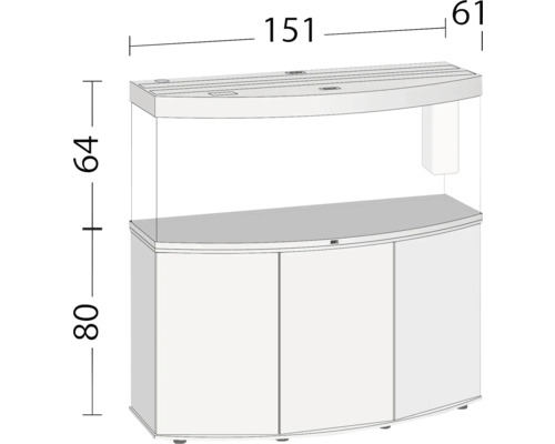 Aquarium mit Unterschrank und Maßangaben