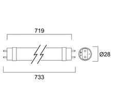 Diagramm einer Leuchtstoffröhre mit den Maßen 719 Millimeter und 733 Millimeter Länge sowie 28 Millimeter Durchmesser