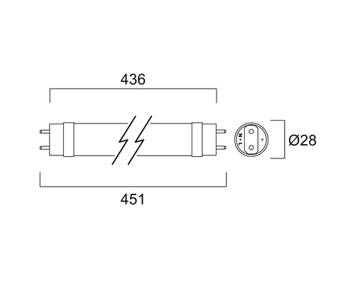 Technische Zeichnung einer Leuchtstoffröhre mit den Maßen 436 mm und 451 mm Länge sowie 28 mm Durchmesser.