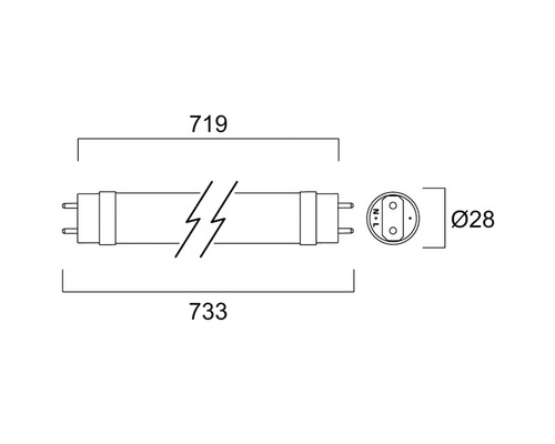 Technische Zeichnung einer Leuchtstoffröhre mit den Maßen 719 und 733 Millimeter Länge und 28 Millimeter Durchmesser.