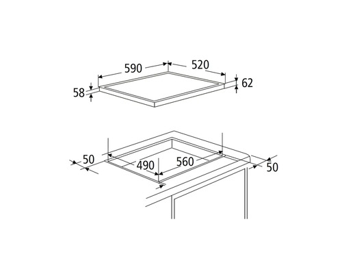 Maßzeichnung eines Kochfeldes mit Größenangaben