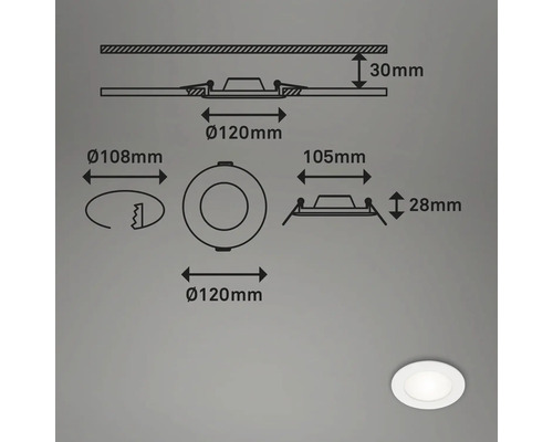Technische Zeichnung einer runden Einbauleuchte mit Maßangaben