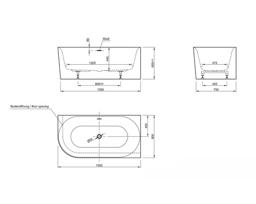 Technische Zeichnung einer Badewanne mit Maßangaben