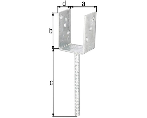 Pfostenträger mit aufgeschweisster Gewindestange und Maßangaben