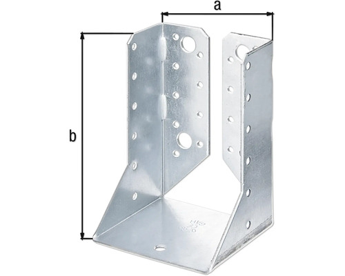Stahl-Balkenschuh mit Löchern und den Maßen a und b