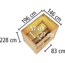 Draufsicht einer Holzsauna mit den Maßen 228 x 196 x 146 x 83 Zentimeter sowie Innenmaßen von 57 x 27 Zentimeter