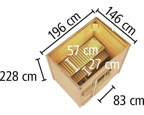Draufsicht einer Holzsauna mit den Maßen 228 x 196 x 146 x 83 Zentimeter sowie Innenmaßen von 57 x 27 Zentimeter