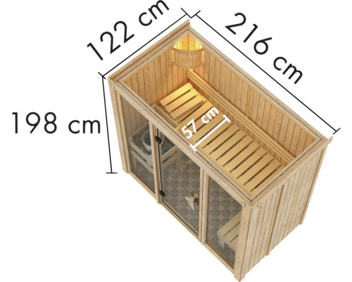 Draufsicht einer Sauna mit Maßangaben der Höhe, Breite und Tiefe